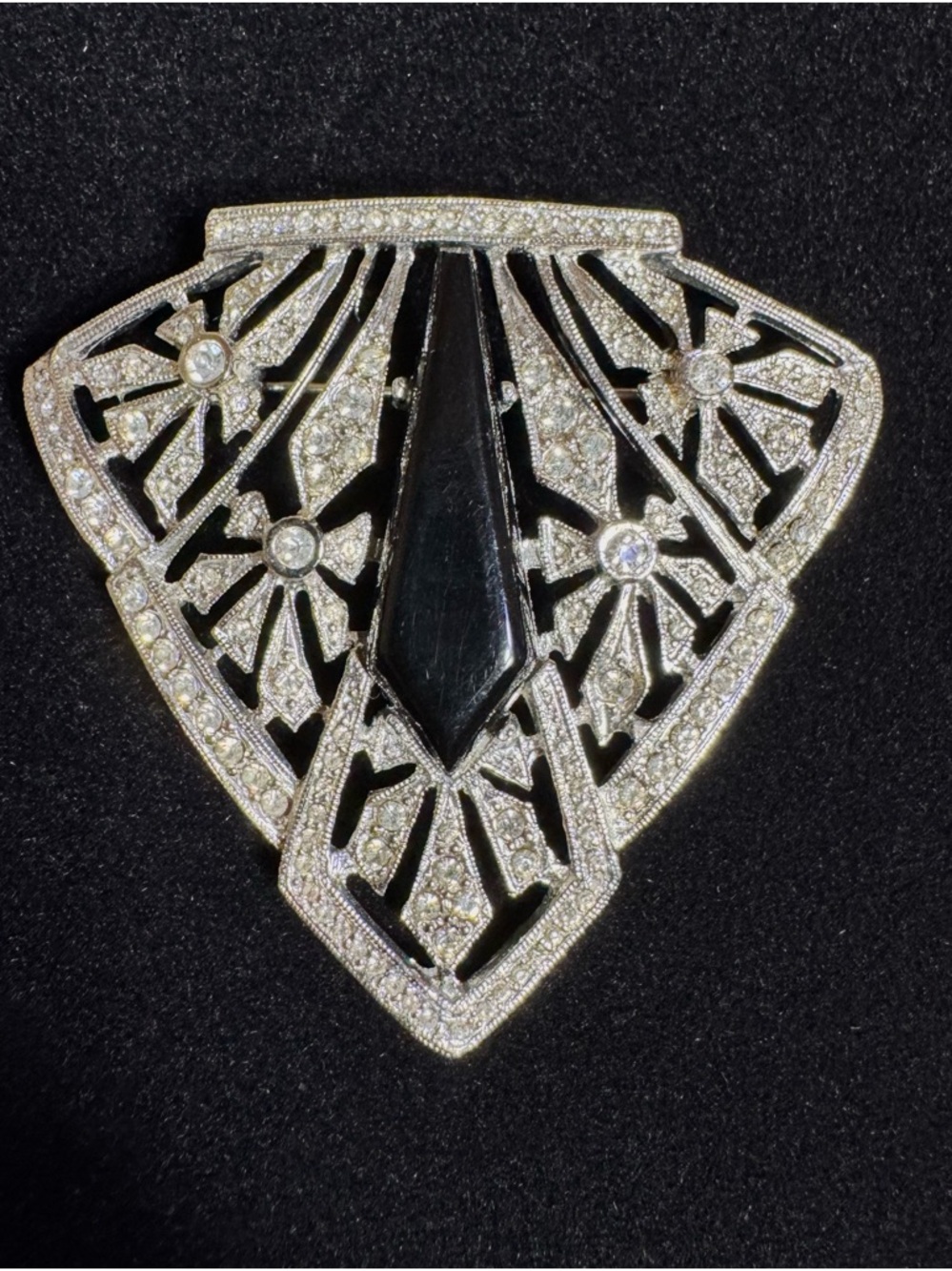 Vintage Les Bernard Brooch Art Deco Onyx Crystal Pave Rhodium Plated Brooch
